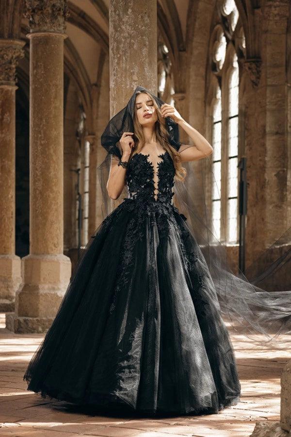 Gothic Black Ball Gown Wedding Dress Off Shoulder Deep V Lace Applique Tulle