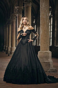 Black Ball Gown Wedding Dress Off Shoulder Sweetheart Long Sheer Lace Sleeves Floral Lace Corset Gothic Bridal Gown with Cathedral Train