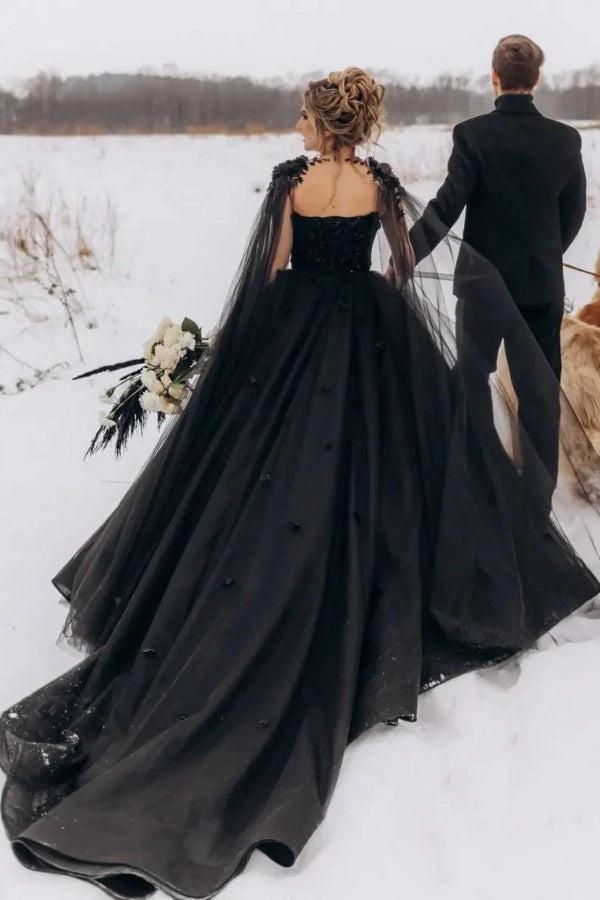Black Ball Gown Wedding Dress With Detachable Cape 3D Floral Lace Corset Gothic