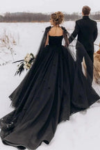 Black Ball Gown Wedding Dress With Detachable Cape 3D Floral Lace Corset Gothic