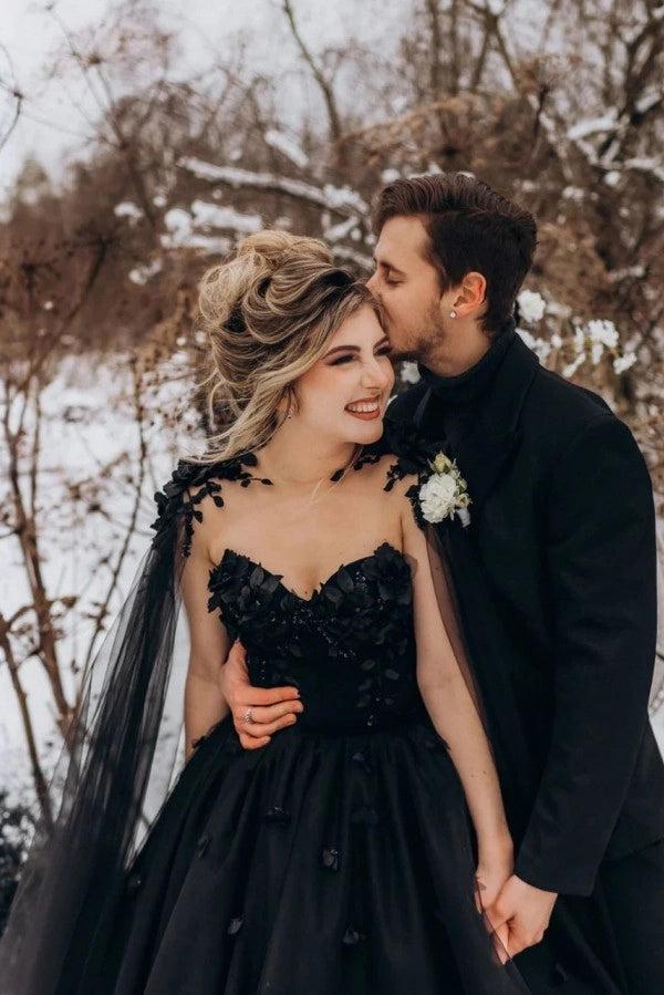 Black Ball Gown Wedding Dress With Detachable Cape 3D Floral Lace Corset Gothic