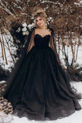 Black Ball Gown Wedding Dress With Detachable Cape 3D Floral Lace Corset Gothic