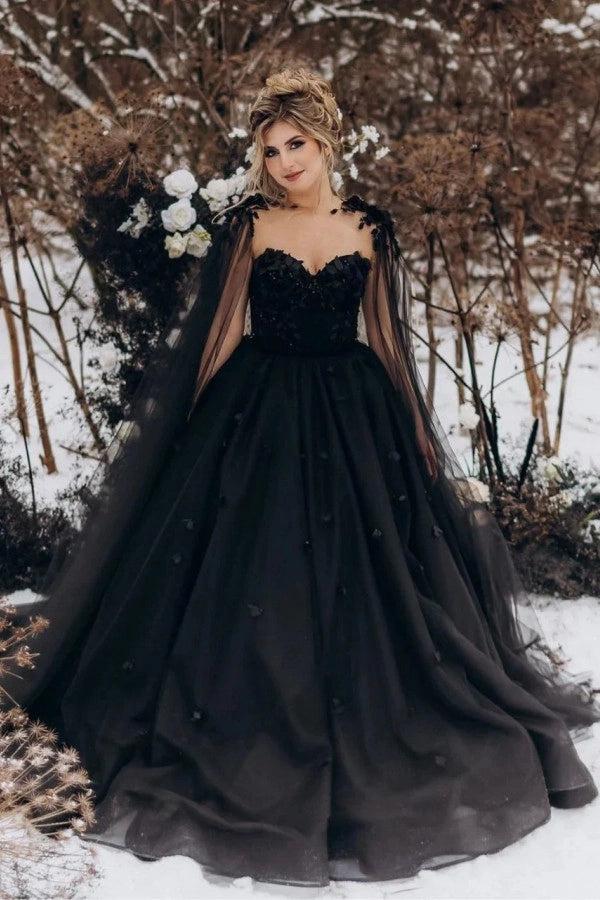 Black Ball Gown Wedding Dress With Detachable Cape 3D Floral Lace Corset Gothic