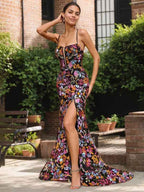 Black Floral Mermaid V-Neck Corset Long Prom Dress With Sequins
