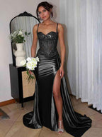 Star Navy Blue Strapless Cutout Bodice Long Mermaid Prom Dress With Beads