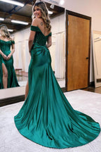 Vestidos longos de baile de cetim com renda e corte sereia, decote ombro a ombro, com racha