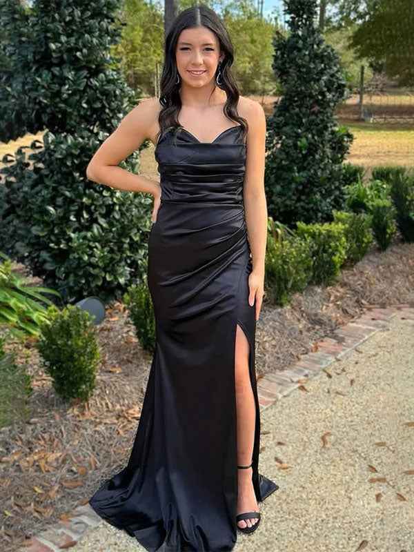 Black Mermaid Satin V-Neck Pleated Long Prom Dress With Slit
