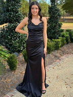 Black Mermaid Satin V-Neck Pleated Long Prom Dress With Slit