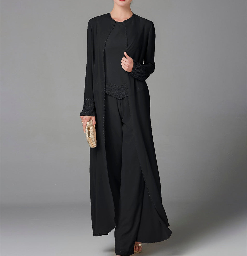 Mother Of The Bride Pantsuit With Jacket And Sequins Long Sleeve Chiffon