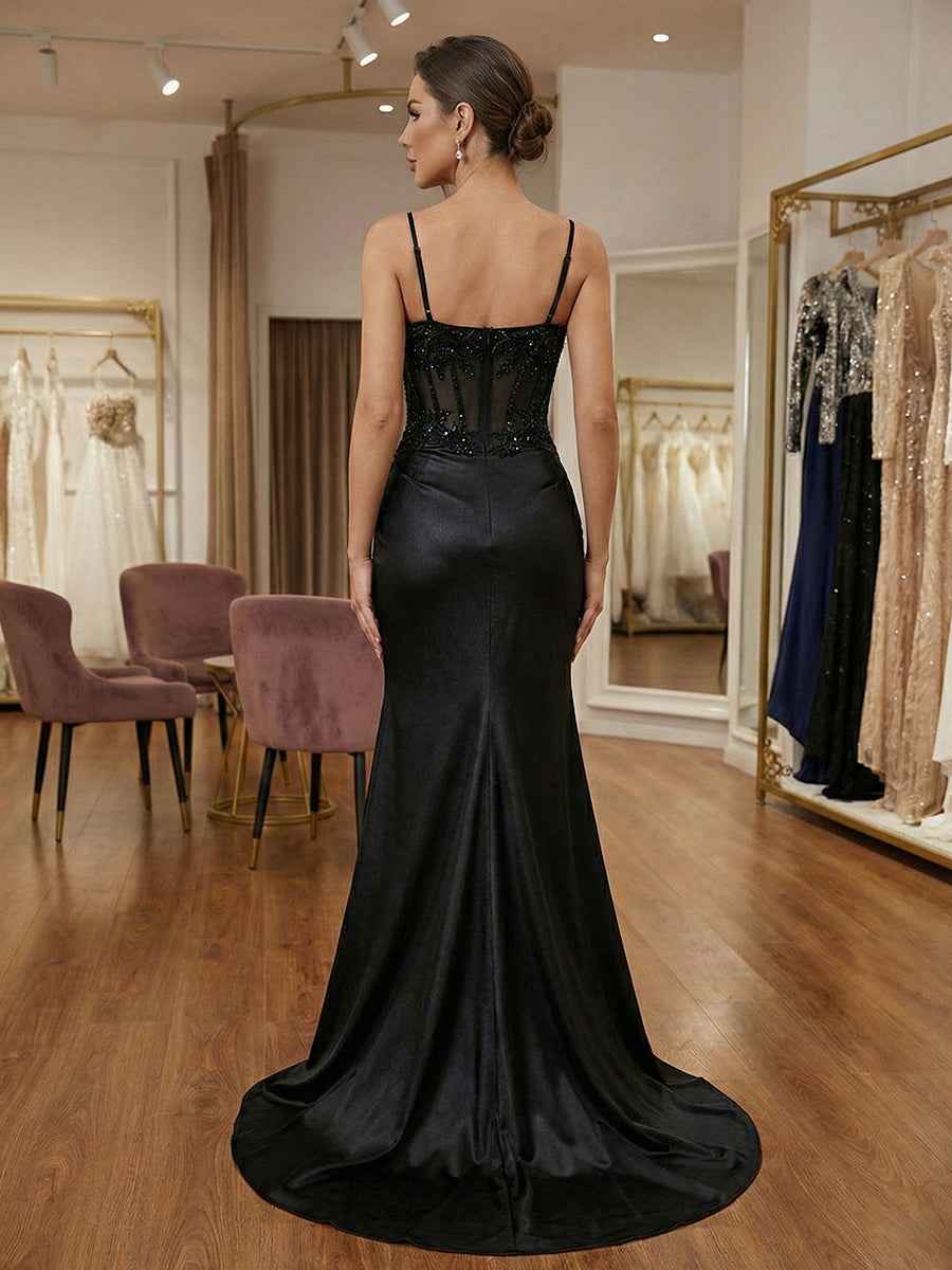Black Beaded Satin Corset Long Prom Dress With High Slit