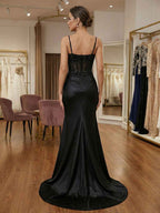Black Beaded Satin Corset Long Prom Dress With High Slit