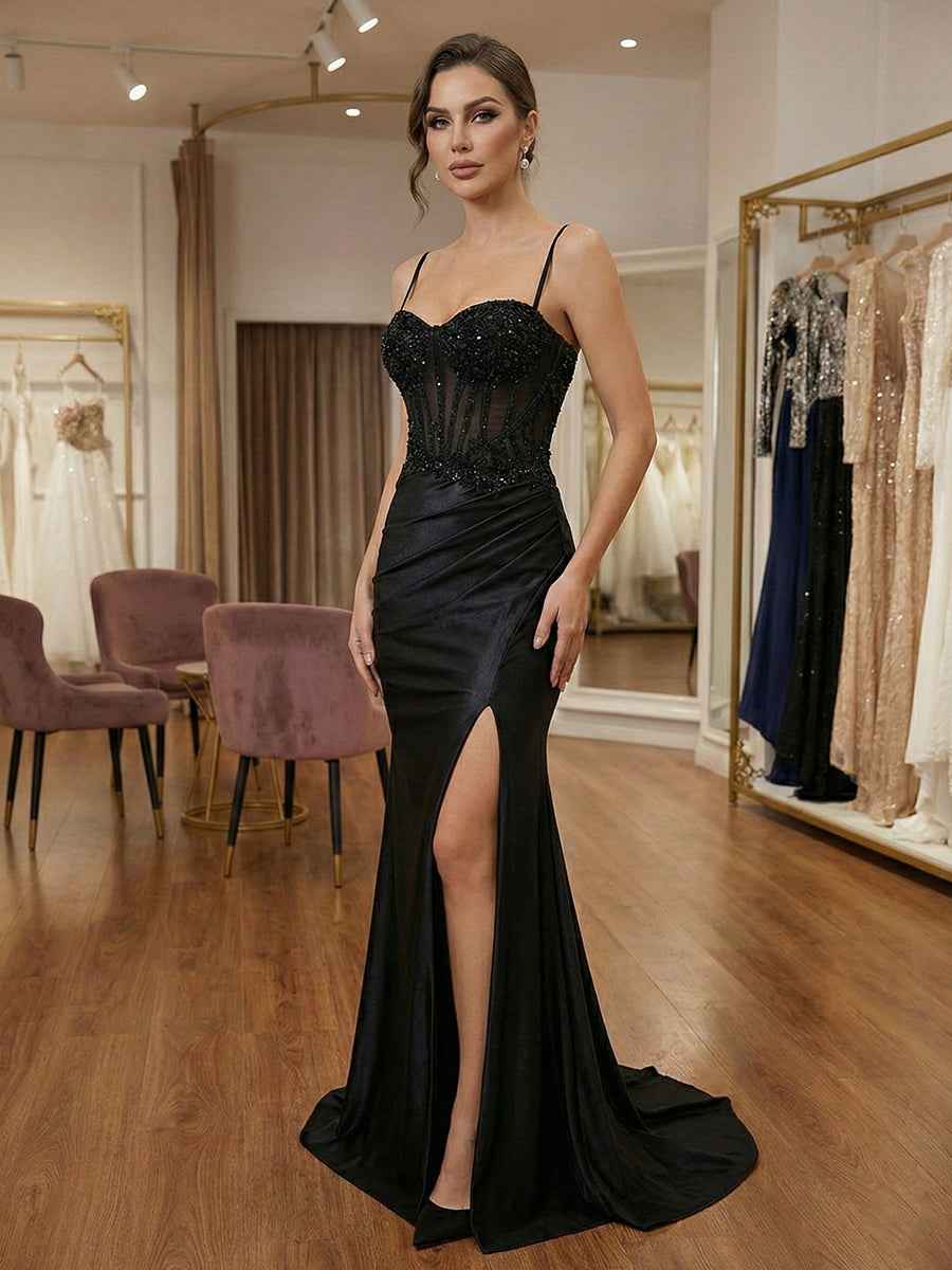 Black Beaded Satin Corset Long Prom Dress With High Slit