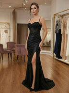 Black Beaded Satin Corset Long Prom Dress With High Slit
