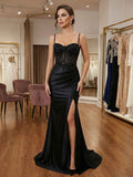 Black Beaded Satin Corset Long Prom Dress With High Slit