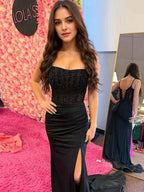 Black Beaded Sheer Corset Bodice Satin Prom Dress With Slit