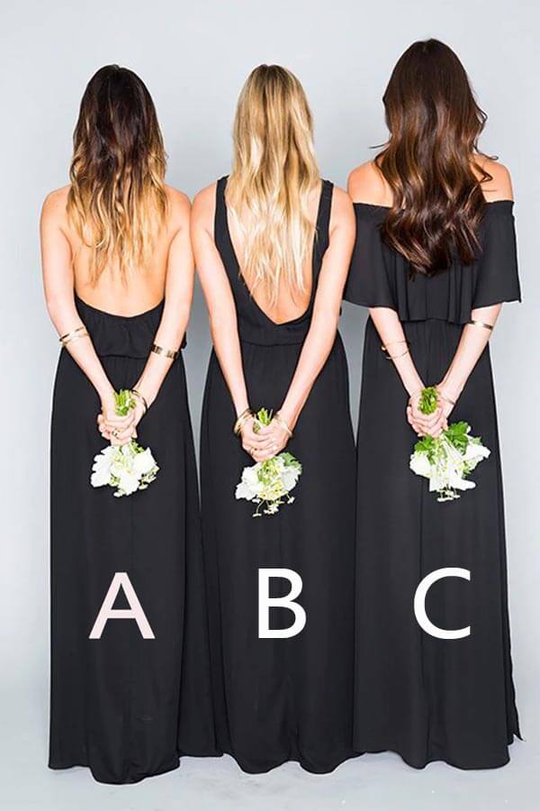 Black Chiffon A-line Mismatched Floor Length Bridesmaid Dresses