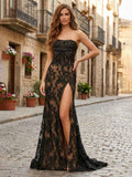 Black Lace Strapless Satin Bow Prom Dress With Slit