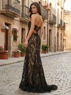 Black Lace Strapless Satin Bow Prom Dress With Slit