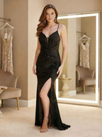Black Mermaid V Neck Sequined Prom Dress With Slit And Spaghetti Straps