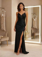 Black Mermaid V Neck Sequined Prom Dress With Slit And Spaghetti Straps