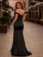 Black Off-Shoulder Lace Corset Satin Prom Dress With Slit