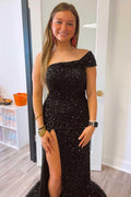 Robe longue de soirée noire à une épaule avec manches courtes et sequins SYP93