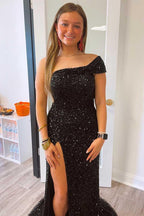 Robe longue de soirée noire à une épaule avec manches courtes et sequins SYP93