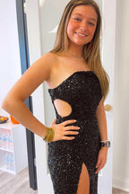 Robe longue de soirée noire à une épaule avec manches courtes et sequins SYP93