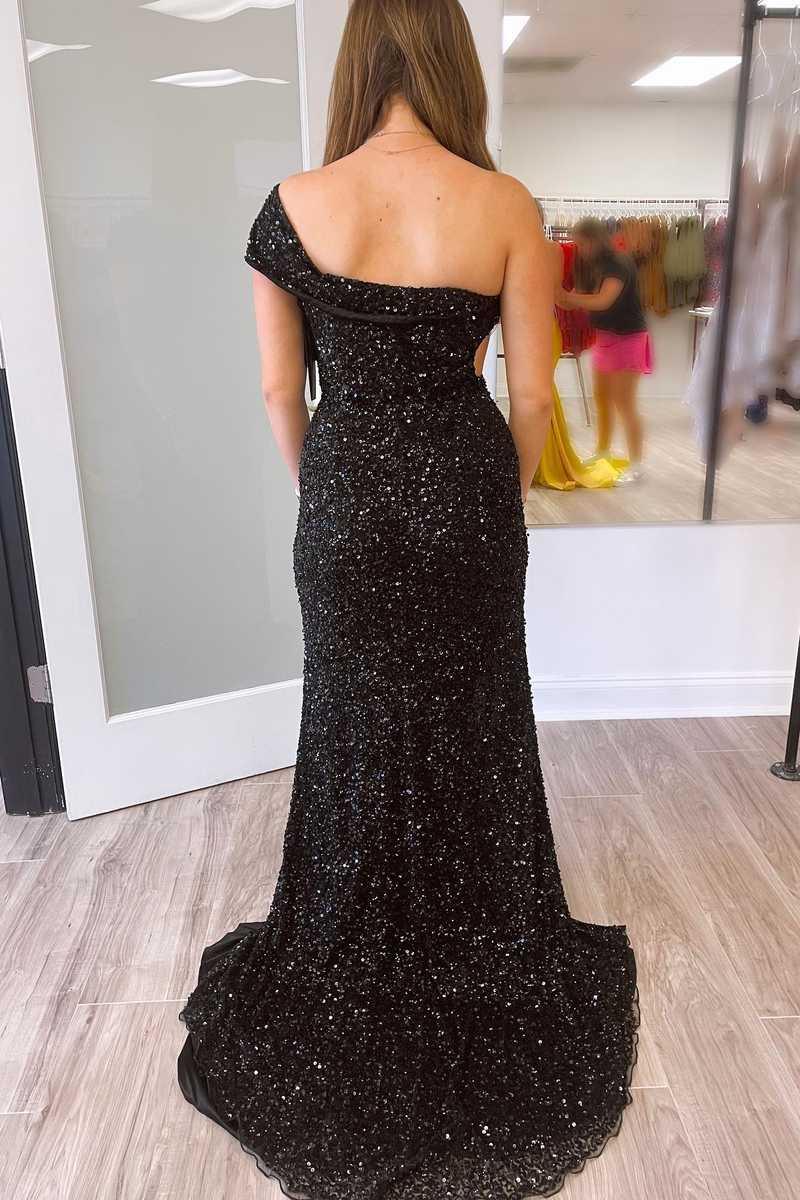 Robe longue de soirée noire à une épaule avec manches courtes et sequins SYP93