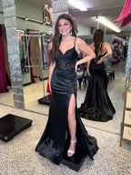 Black Plunging Sweetheart Corset Prom Dress With High Slit And Lace Bodice