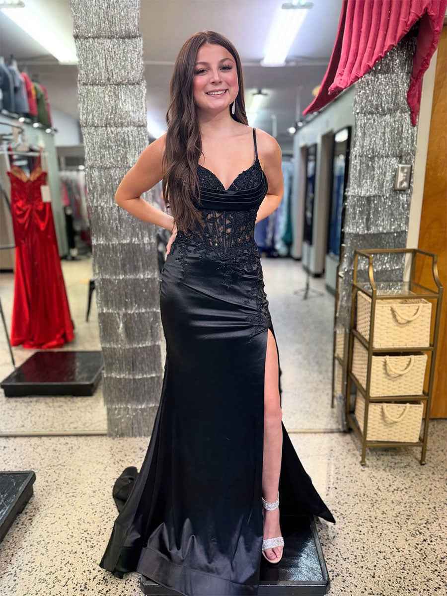 Black Plunging Sweetheart Corset Prom Dress With High Slit And Lace Bodice