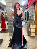Black Plunging Sweetheart Corset Prom Dress With High Slit And Lace Bodice