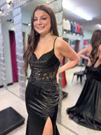 Black Plunging Sweetheart Corset Prom Dress With High Slit And Lace Bodice