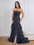 Black Polka Dot Strapless Mermaid Prom Dress With Ruffles