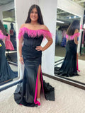 Black Satin Corset Prom Dress With Pink Feather Off Shoulder Trim