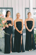 Black Satin Mermaid Sleeveless Long Bridesmaid Dresses With Slit