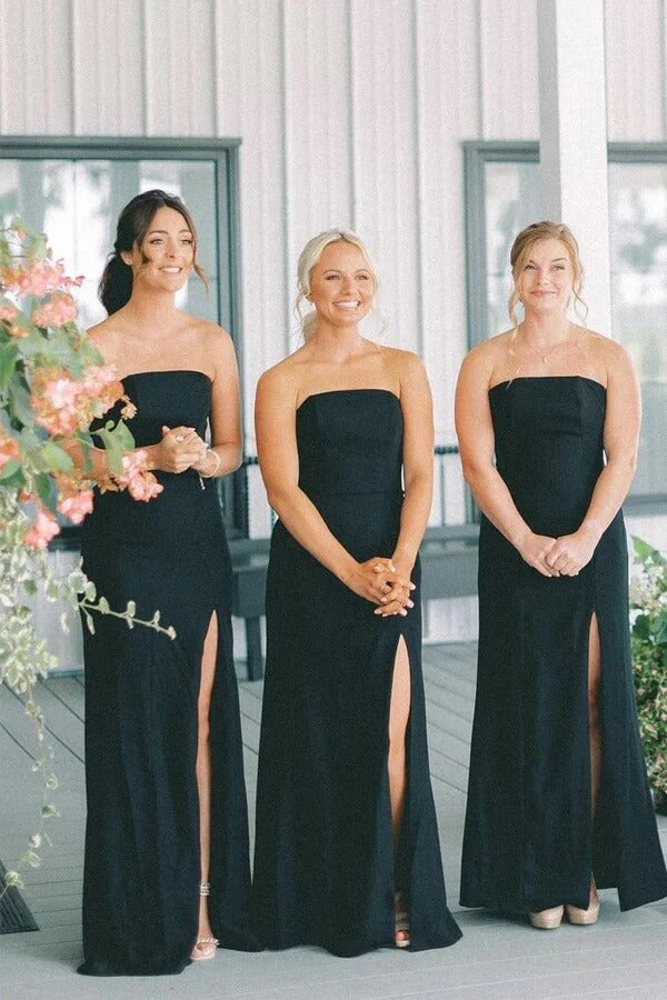 Black Satin Mermaid Sleeveless Long Bridesmaid Dresses With Slit