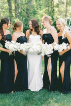 Black Satin Mermaid Sleeveless Long Bridesmaid Dresses With Slit