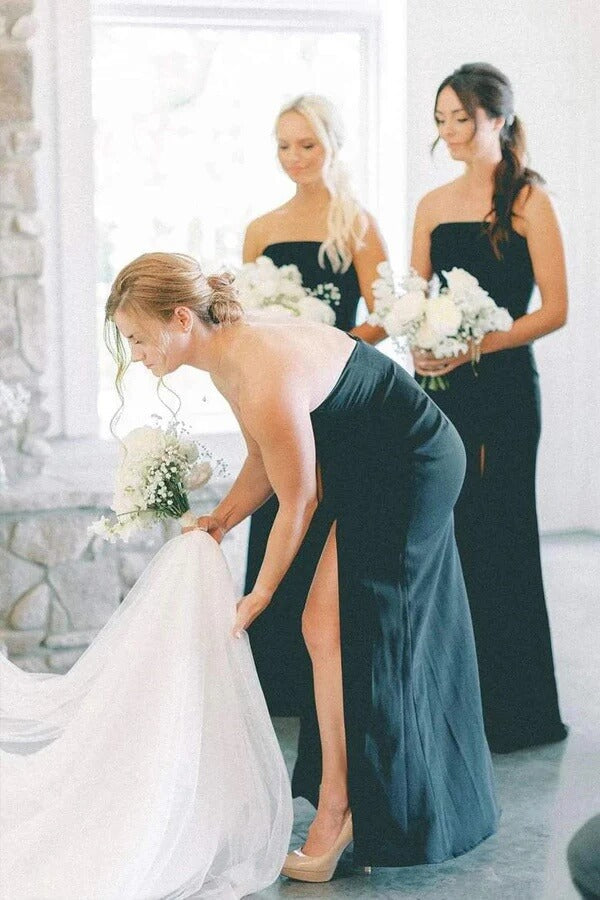 Black Satin Mermaid Sleeveless Long Bridesmaid Dresses With Slit