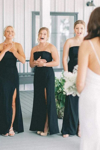 Schwarzes Satin Meerjungfrau Ärmelloses Langes Brautjungfernkleid Mit Schlitz