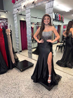 Black Satin Strapless Crystal Beaded Corset Prom Dress
