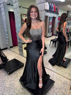 Black Satin Strapless Crystal Beaded Corset Prom Dress