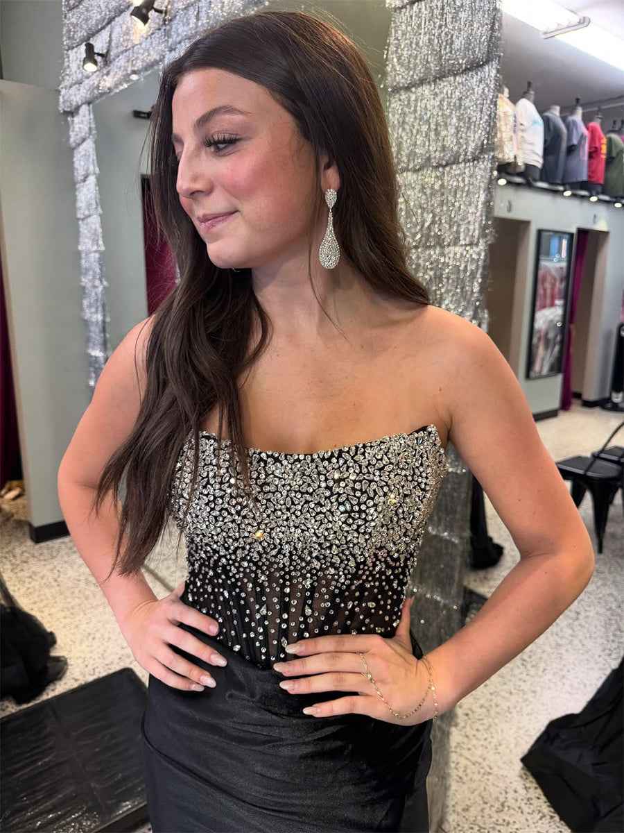 Black Satin Strapless Crystal Beaded Corset Prom Dress