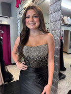 Black Satin Strapless Crystal Beaded Corset Prom Dress