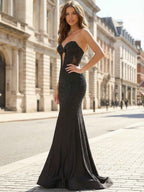 Black Sequin Strapless Long Corset Prom Dress With Plunge