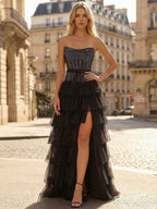 Black Strapless A Line Ruffled Prom Dress With Corset Bodice And Slit