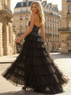 Black Strapless A Line Ruffled Prom Dress With Corset Bodice And Slit