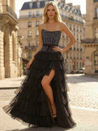 Black Strapless A Line Ruffled Prom Dress With Corset Bodice And Slit