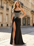 Black Strapless Beaded Corset Satin Prom Dress With High Slit