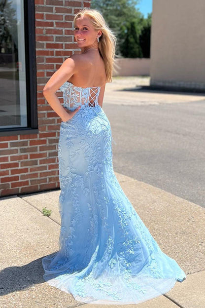 Vestido de fiesta de sirena negro sin tirantes con apliques de encaje